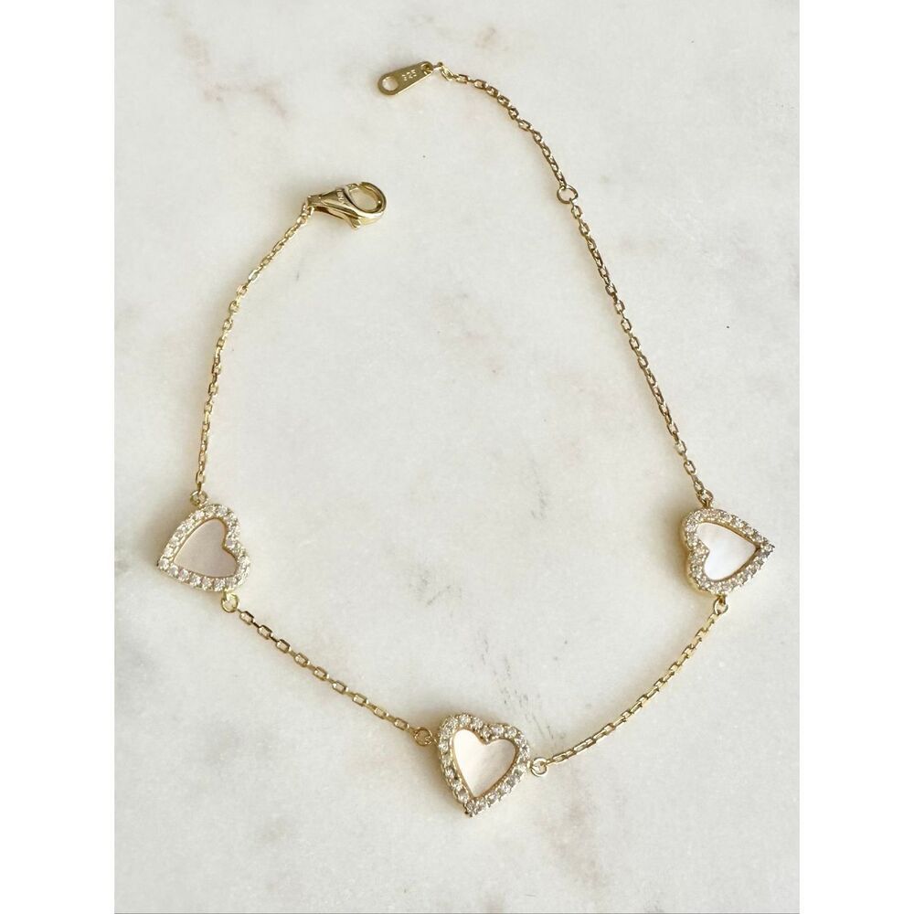 MOTHER OF PEARL heart delicate chain bracelet • CUBIC ZIRCONIA STERLING SILVER -